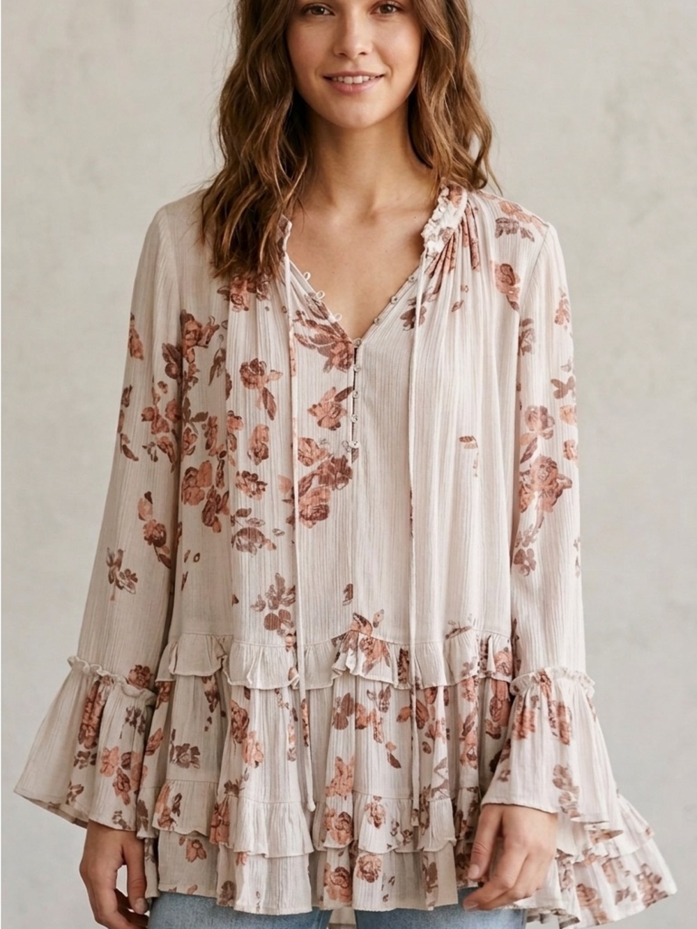 Free People - Cream Floral Chiffon Ruffle Babydoll Tunic / Peasant Top - Size XS - Picture 2 of 2